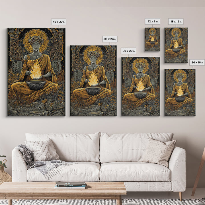 Hestia Goddess Of The Hearth Canvas Gold Canvas Print, Divine Fire Wall Art, Mythology Inspired Decor, Wood Frame Print