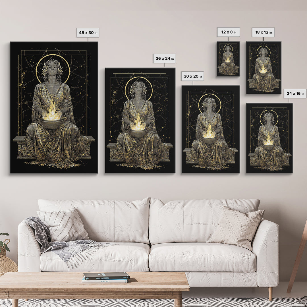 Sacred Flame Hestia Canvas Gold Canvas Print, Greek Goddess Wall Art, Ancient Mythology Decor, Luxury Wood Frame Artwork