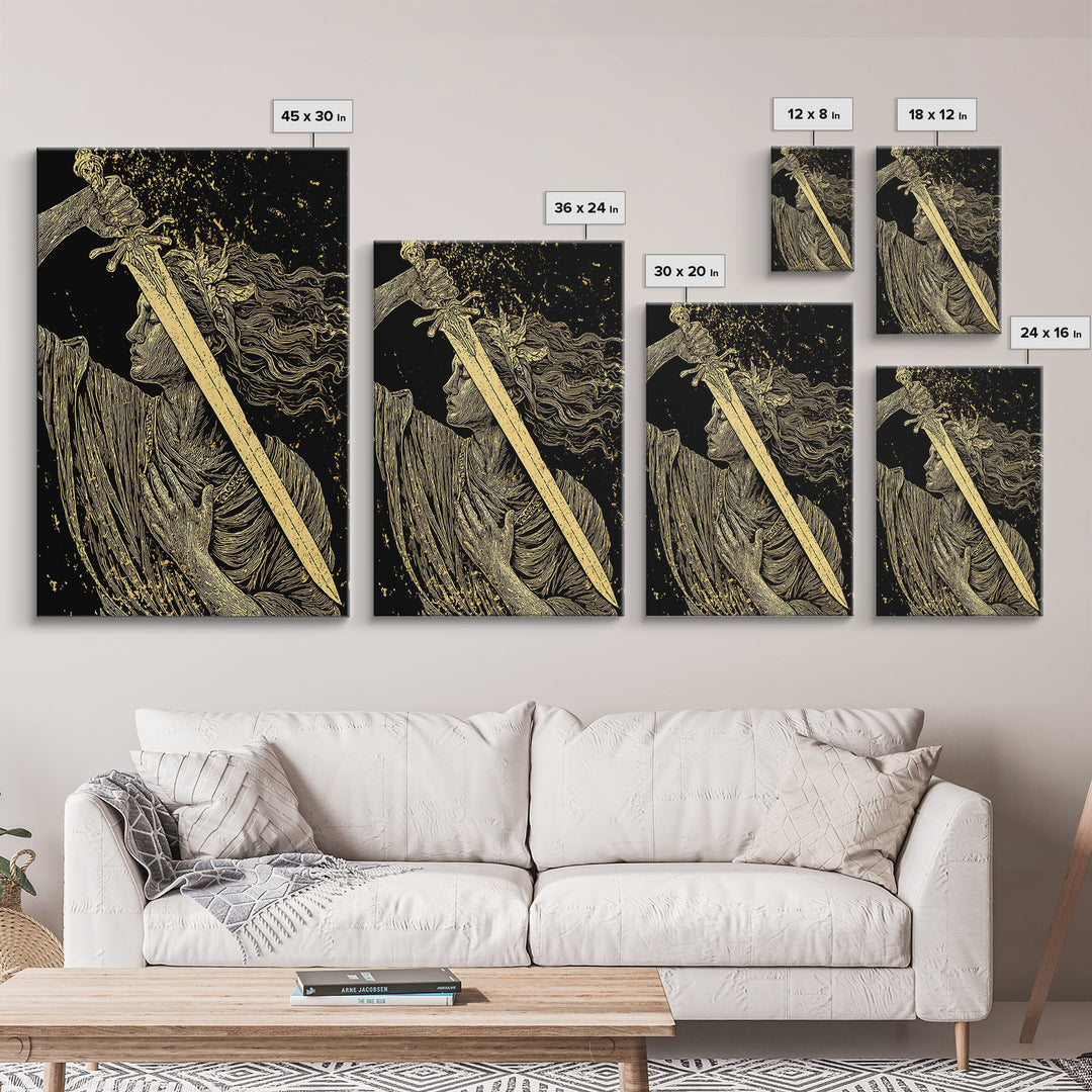 Canvas Gold Canvas Print, Goddess With Sword Art, Greek Mythology Warrior Wall Decor, Divine Strength Artwork, Real Wood Frame