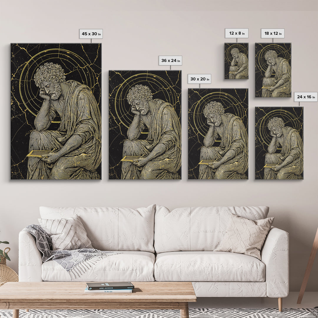 Canvas Gold Canvas Print, Stoic Philosopher Sitting Art, Ancient Thinker Wall Decor, Roman Wisdom Artwork, Real Wood Frame