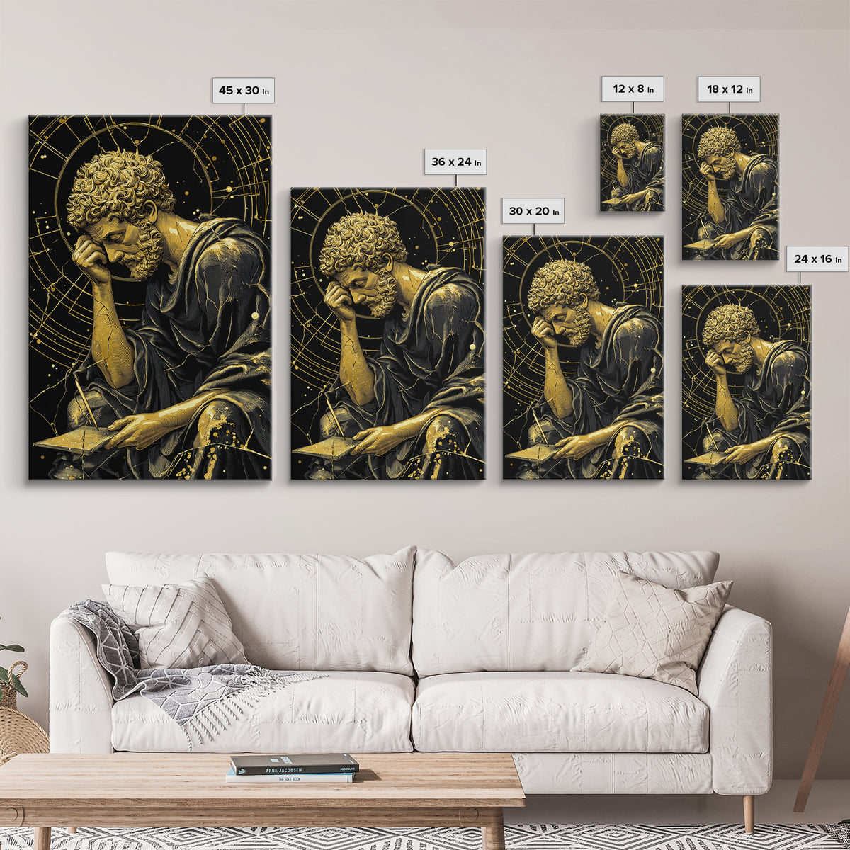 Canvas Gold Canvas Print, Pensive Philosopher Study Art, Ancient Scholar Wall Decor, Roman Thinker Artwork, Real Wood Frame