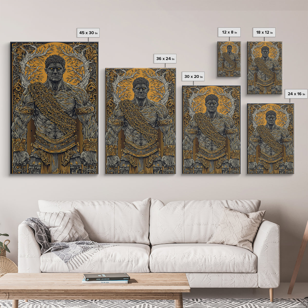 Roman Warrior Canvas Gold Canvas Print, Ancient Strength Wall Art, Mythology Inspired Decor, Luxury Home Accent, Real Wood Frame