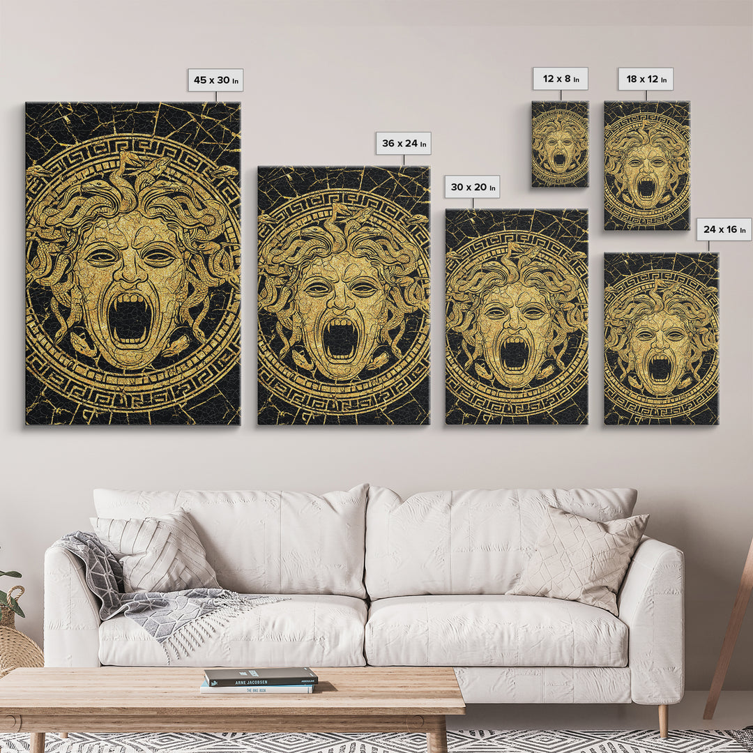 Medusa Head Canvas Gold Canvas Print, Mythology Wall Art, Snake Hair Monster Decor, Greek Legend Artwork, Real Wood Frame
