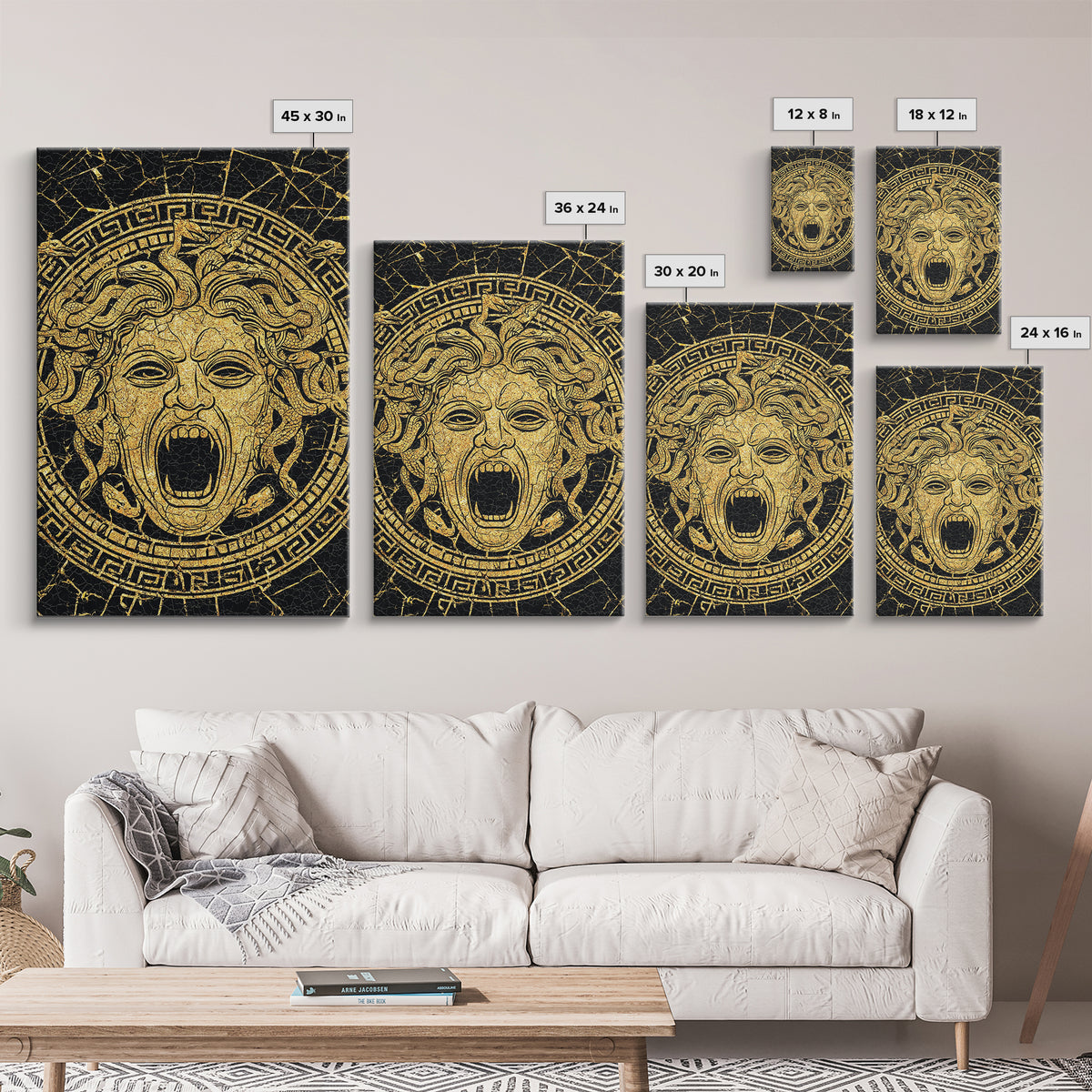 Medusa Head Canvas Gold Canvas Print, Mythology Wall Art, Snake Hair Monster Decor, Greek Legend Artwork, Real Wood Frame