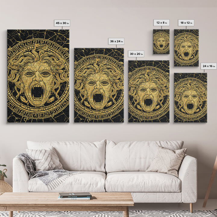 Medusa Head Canvas Gold Canvas Print, Mythology Wall Art, Snake Hair Monster Decor, Greek Legend Artwork, Real Wood Frame