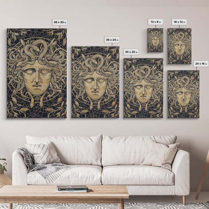 Medusa Head Canvas Gold Art, Mythology Wall Print, Snake Hair Decor, Fierce Ancient Greek Gorgon Artwork, Real Wood Frame