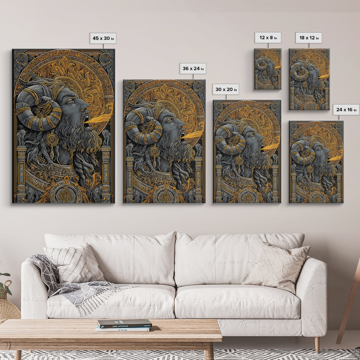Horned God Canvas Gold Canvas Print, Mythology Wall Art, Fire Breathing Deity Decor, Pagan Inspired Spiritual Artwork, Real Wood Frame