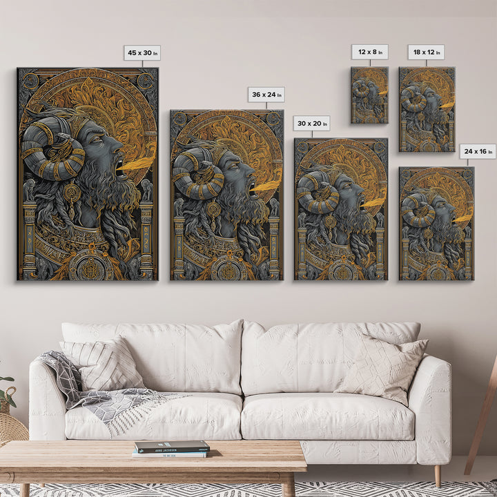 Horned God Canvas Gold Canvas Print, Mythology Wall Art, Fire Breathing Deity Decor, Pagan Inspired Spiritual Artwork, Real Wood Frame