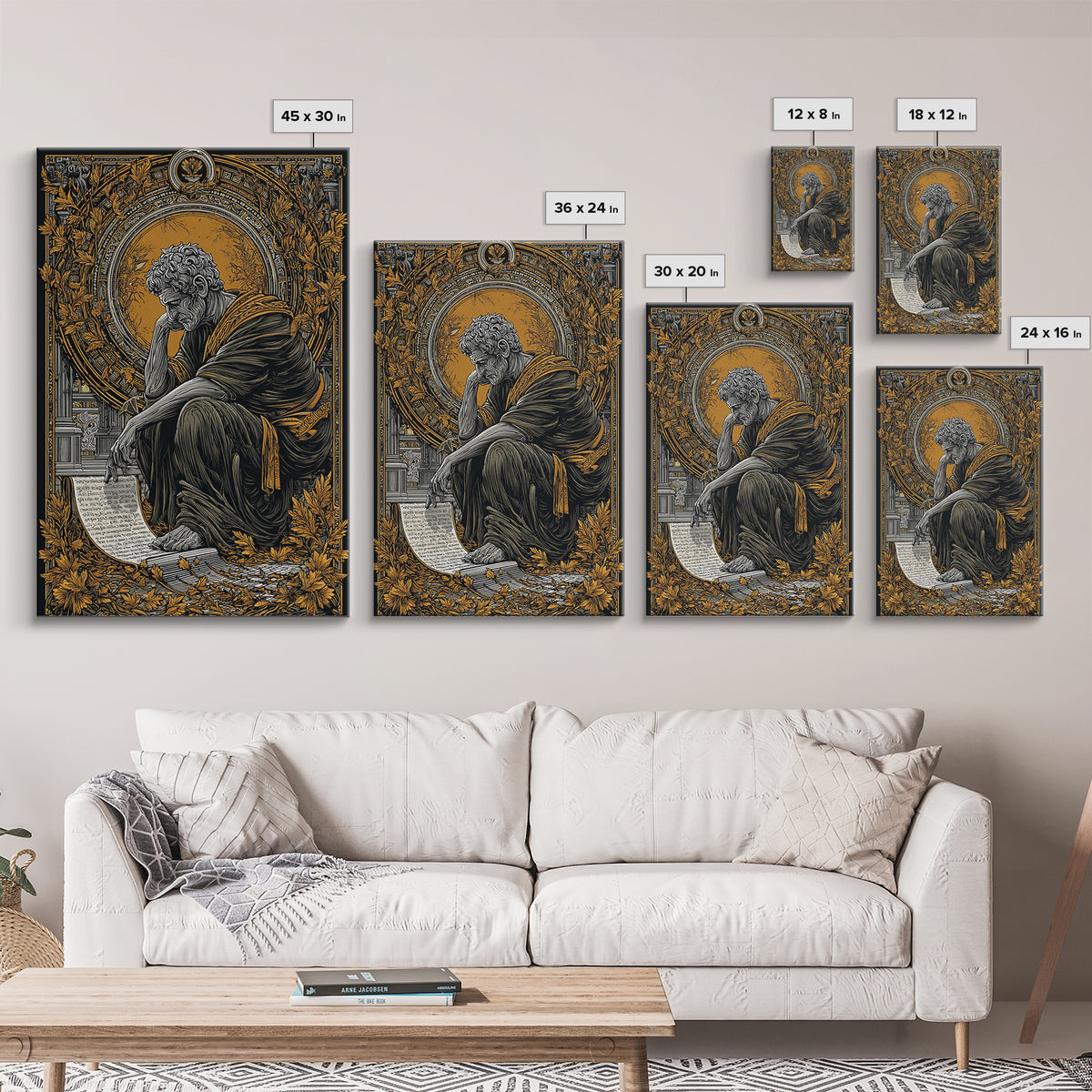 Horned God Canvas Gold Canvas Print, Mythical Warrior Wall Art, Ancient Deity With Flames Artwork, Fantasy Myth Decor Real Wood Frame
