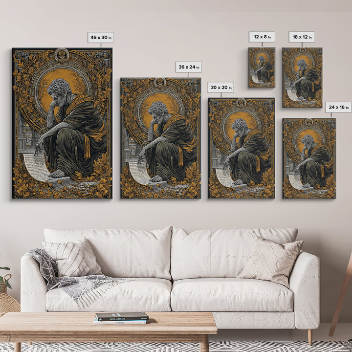 Horned God Canvas Gold Canvas Print, Mythical Warrior Wall Art, Ancient Deity With Flames Artwork, Fantasy Myth Decor Real Wood Frame
