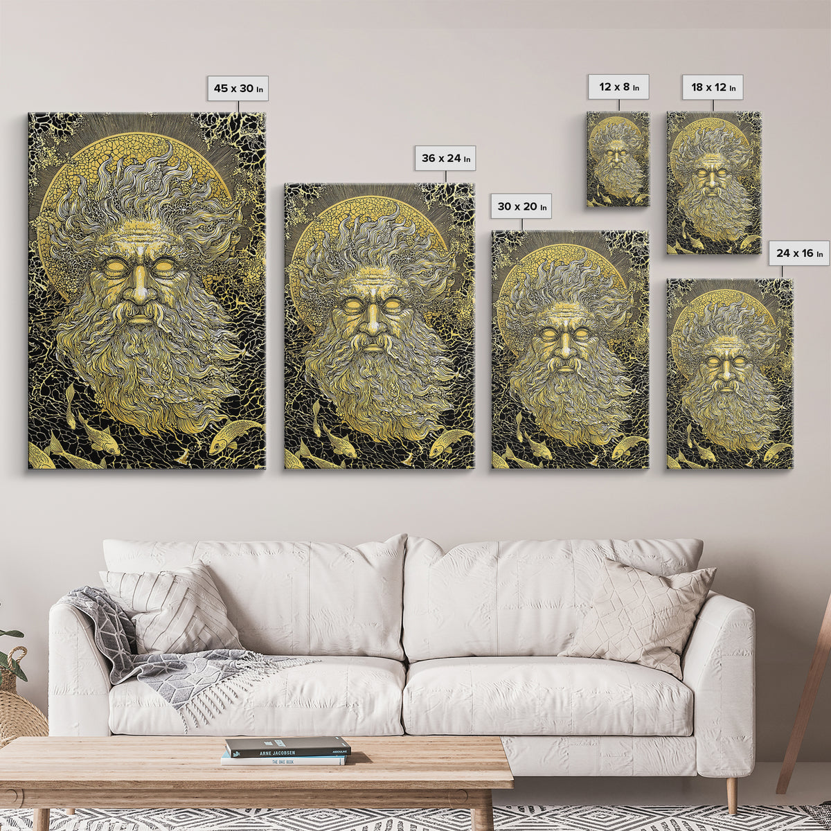 Ancient Sea God Oceanus Canvas Gold Art, Mythological Wall Print, Real Wood Frame, Classical Maritime Inspired Home Decor