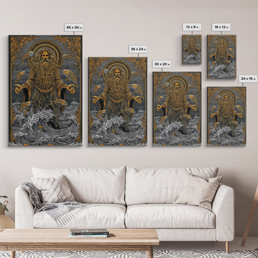 Powerful Titan Oceanus Canvas Gold Canvas Print, Greek Mythology Wall Art, Real Wood Frame, Luxury Ocean Inspired Home Accent