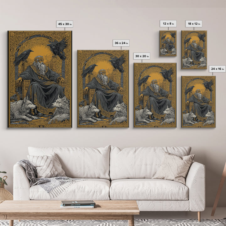 Odin Allfather Canvas Gold Canvas Print, Viking Mythology Wall Art, Real Wood Frame, Norse Legend Inspired Decor For Home