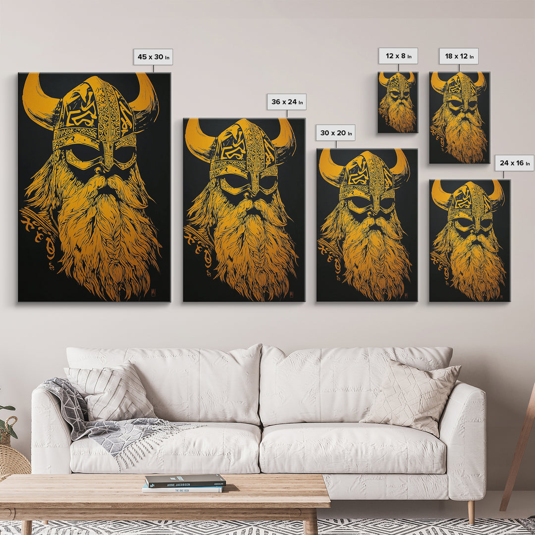 Norse Mythology Odin Canvas Gold Art, Viking Warrior God Canvas Print, Real Wood Frame, Ancient Scandinavian Wall Decoration