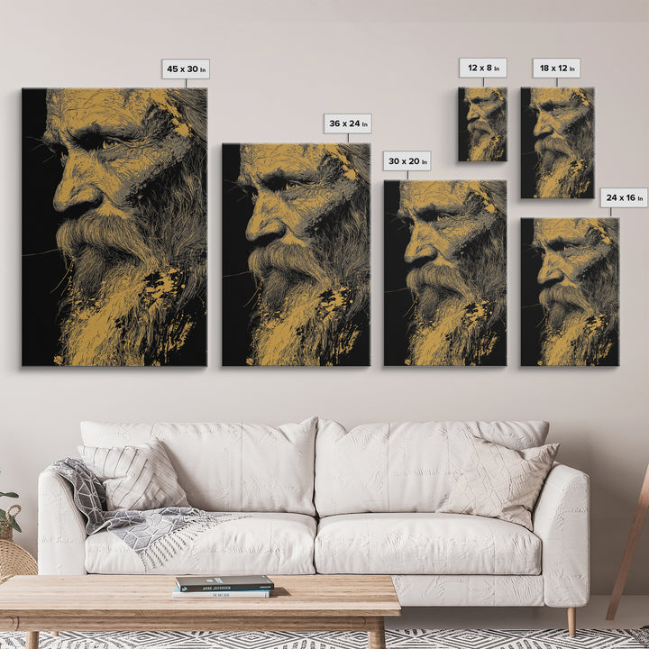 Odin Warrior God Canvas Gold Canvas Print, Norse Mythology Inspired Art, Real Wood Frame, Viking Legend Wall Decor Statement