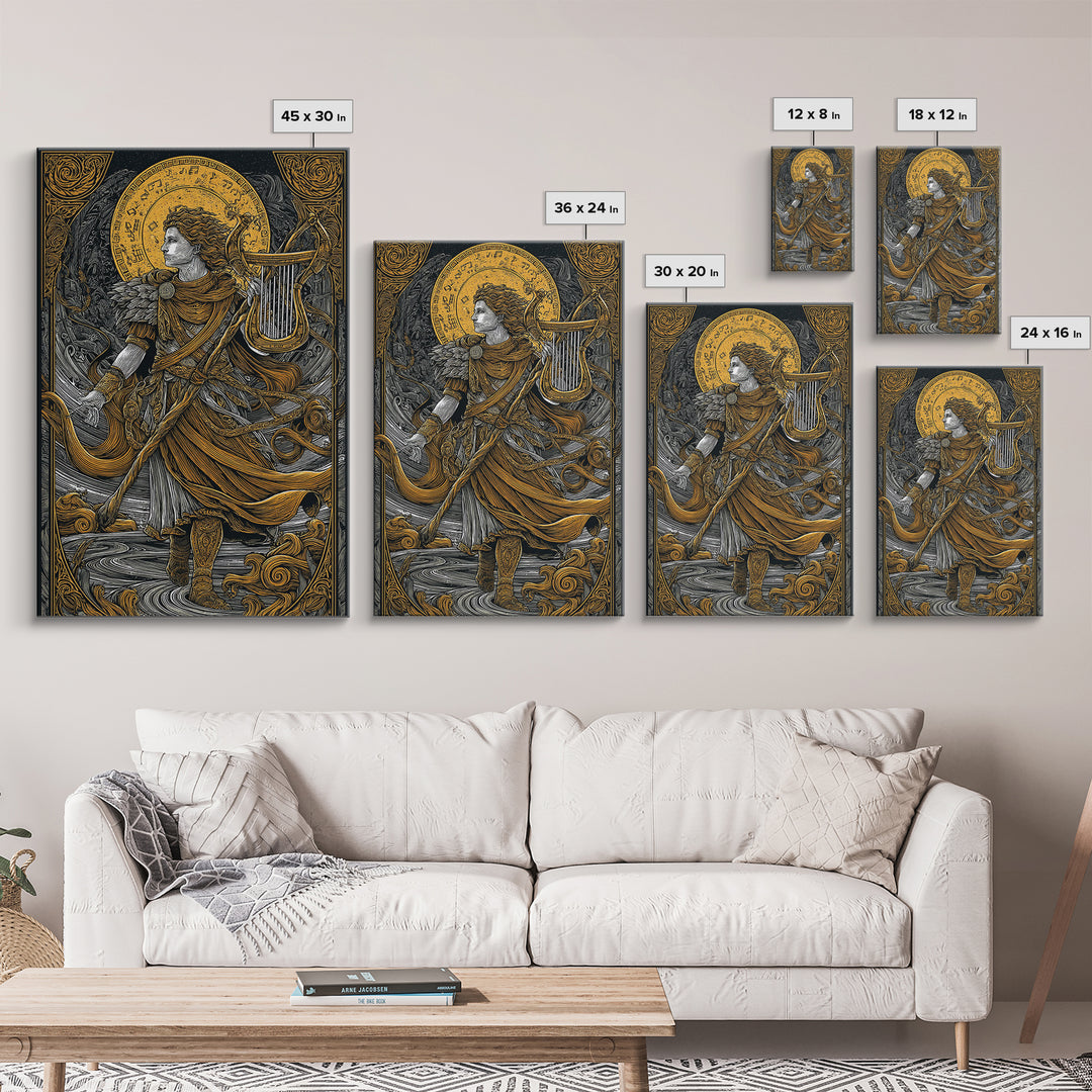 Apollo With Lyre, Greek God Of Music, Mythology Inspired Canvas Gold Canvas Print, Elegant Wall Art, Real Wood Frame, Divine Classic