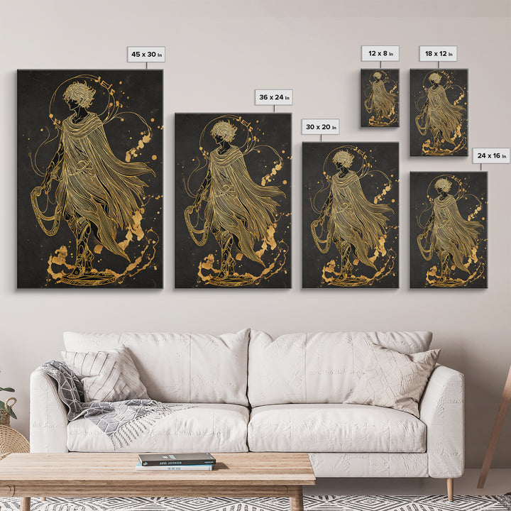 Apollo Figure With Flowing Cloak, Line Art Mythology Design, Canvas Gold Art, Mythical Wall Decor, Real Wood Frame, Elegant Greek