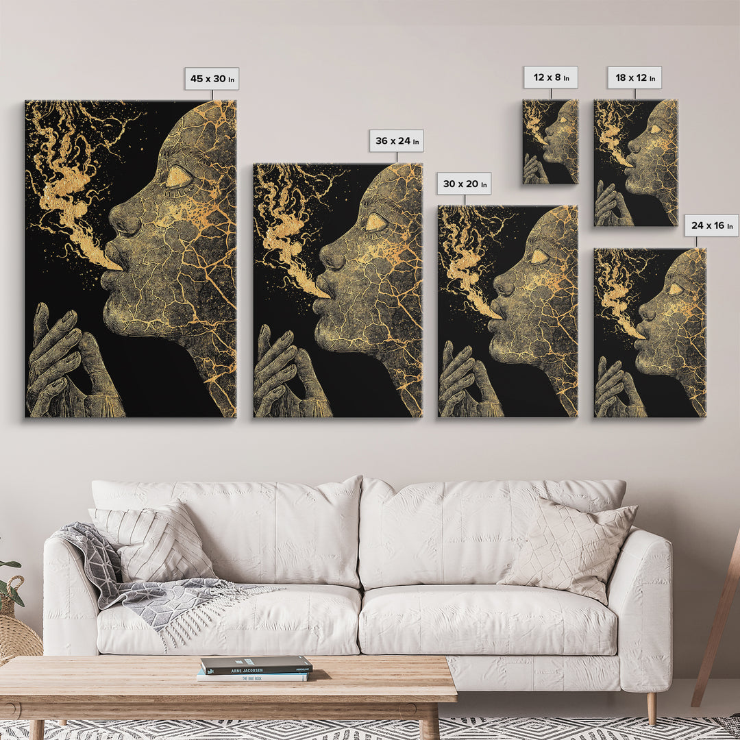 Mystical Goddess Face Exhaling Spirit, Surreal Mythology, Canvas Gold Canvas Print, Spiritual Wall Art, Real Wood Frame, Dreamlike