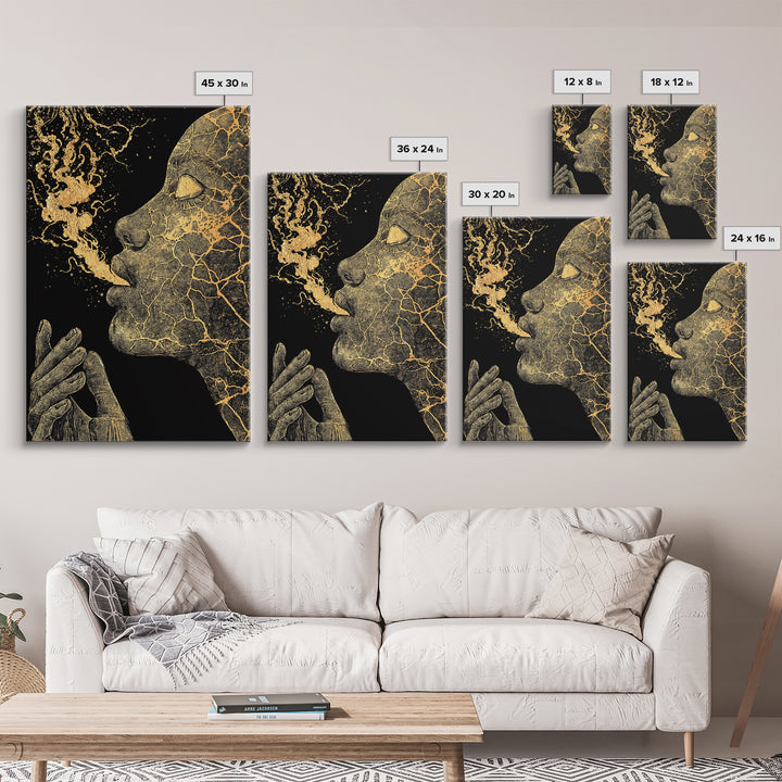 Mystical Goddess Face Exhaling Spirit, Surreal Mythology, Canvas Gold Canvas Print, Spiritual Wall Art, Real Wood Frame, Dreamlike