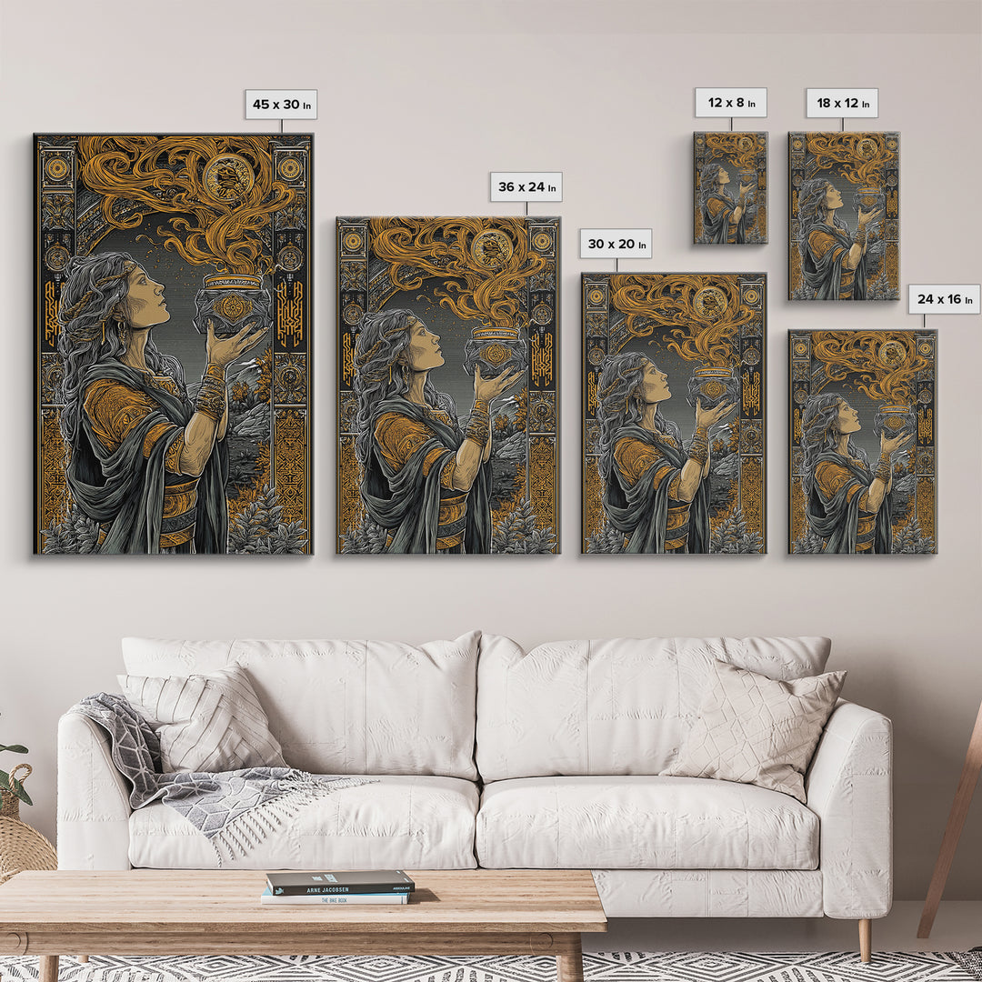 Pandora With Mythical Jar, Ancient Greek Mythology Canvas Gold Art, Detailed Decorative Wall Print, Real Wood Frame, Timeless Classic