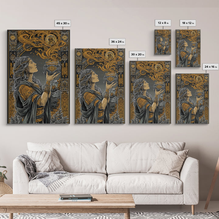 Pandora With Mythical Jar, Ancient Greek Mythology Canvas Gold Art, Detailed Decorative Wall Print, Real Wood Frame, Timeless Classic