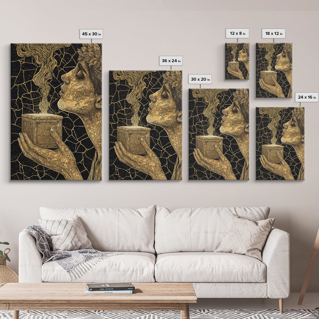 Pandora Opening Mythical Box, Surreal Greek Goddess Design, Canvas Gold Canvas Print, Mythological Wall Art, Real Wood Frame, Enchanting