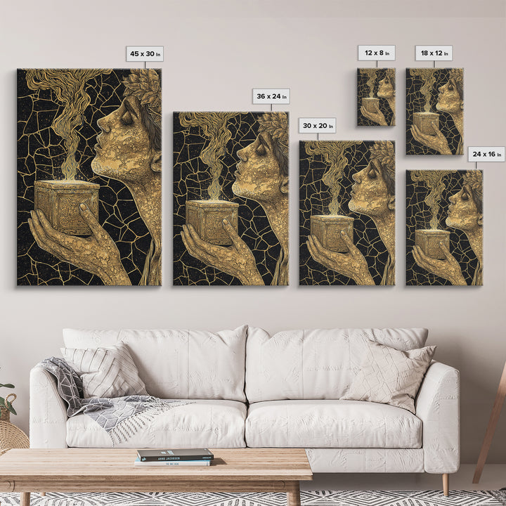 Pandora Opening Mythical Box, Surreal Greek Goddess Design, Canvas Gold Canvas Print, Mythological Wall Art, Real Wood Frame, Enchanting
