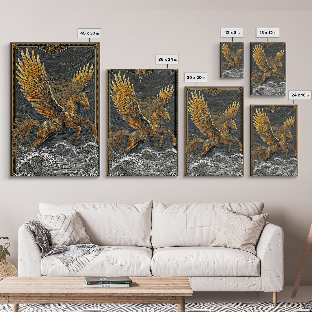 Pegasus Flying Above Waves, Mythical Winged Horse Art, Canvas Gold Art, Greek Mythology Wall Print, Real Wood Frame, Heroic Statement