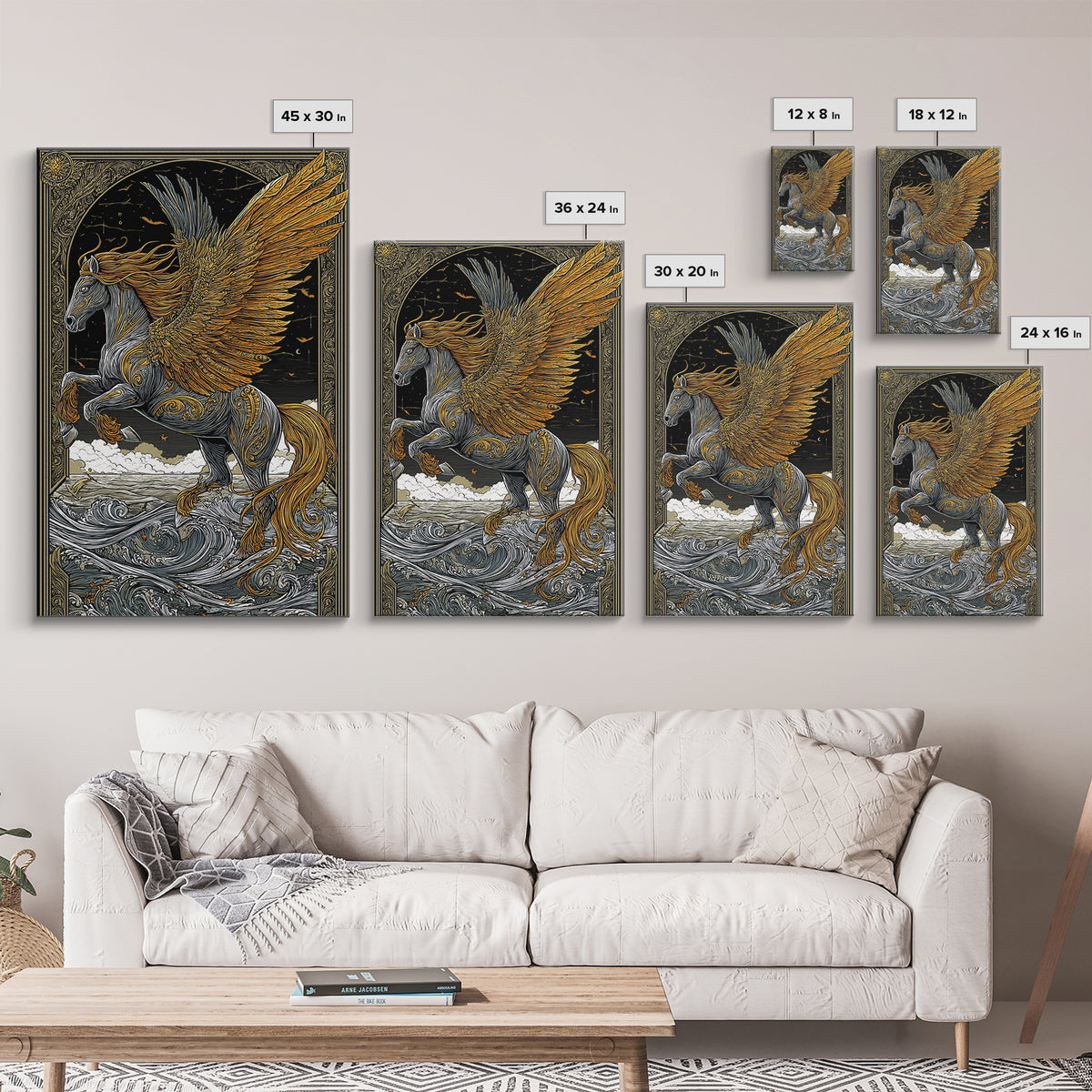 Winged Pegasus Canvas Gold Canvas Print, Mythology Wall Art, Luxury Equine Artwork, Real Wood Framed Mythical Decor