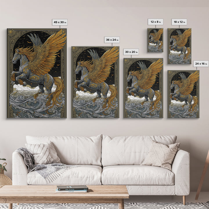 Winged Pegasus Canvas Gold Canvas Print, Mythology Wall Art, Luxury Equine Artwork, Real Wood Framed Mythical Decor