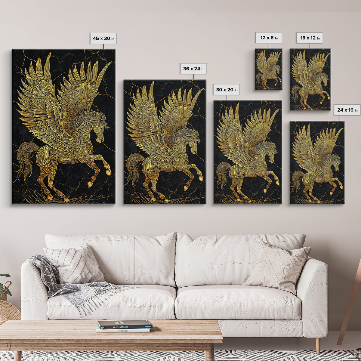 Golden Pegasus Canvas Gold Canvas Print, Mythological Horse Artwork, Elegant Home Wall Art, Real Wood Framed Fantasy Decor