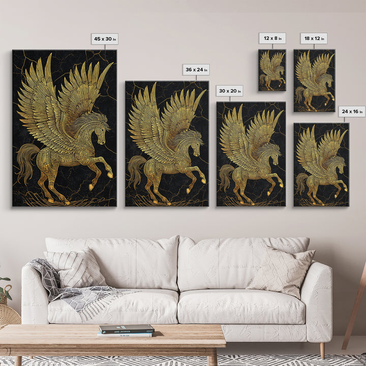Golden Pegasus Canvas Gold Canvas Print, Mythological Horse Artwork, Elegant Home Wall Art, Real Wood Framed Fantasy Decor