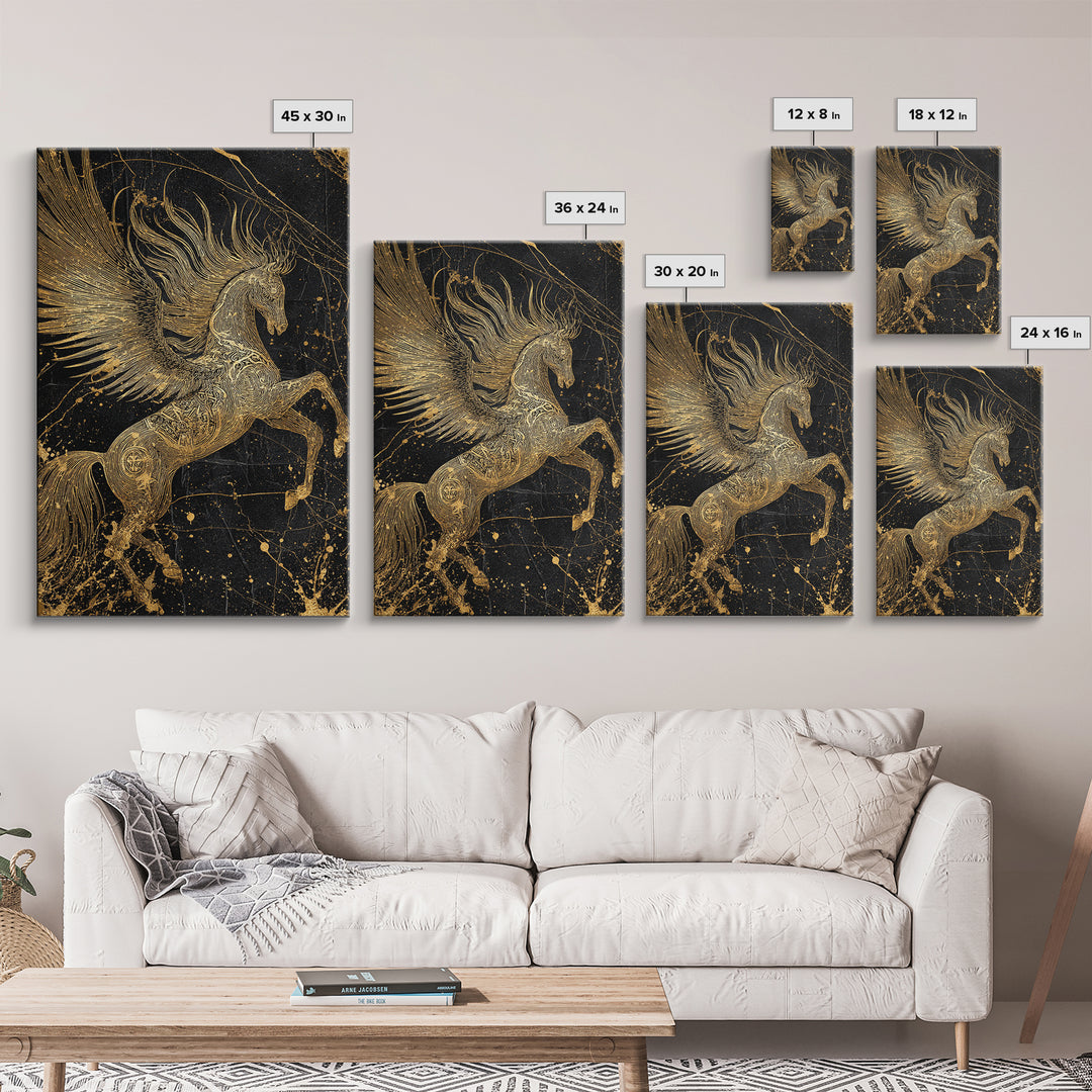 Abstract Pegasus Canvas Gold Art, Mythology Wall Print, Unique Equine Design, Real Wood Framed Modern Mythical Artwork