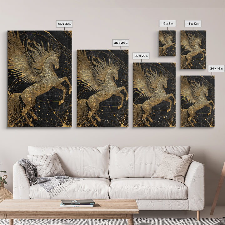 Abstract Pegasus Canvas Gold Art, Mythology Wall Print, Unique Equine Design, Real Wood Framed Modern Mythical Artwork