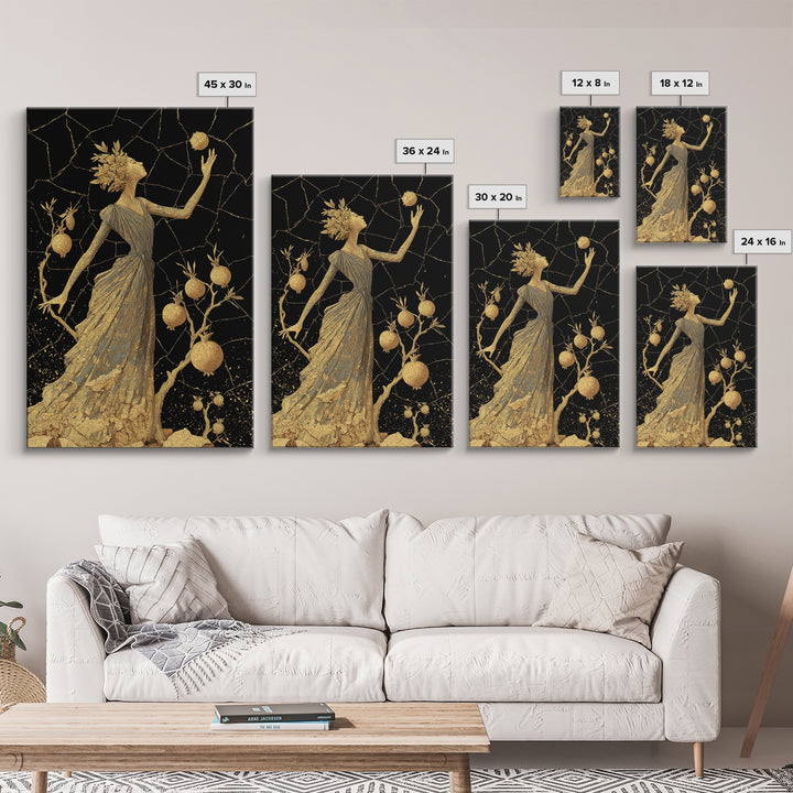 Persephone With Pomegranates Canvas Gold Canvas Print, Mythology Wall Art, Elegant Greek Goddess Decor, Real Wood Frame