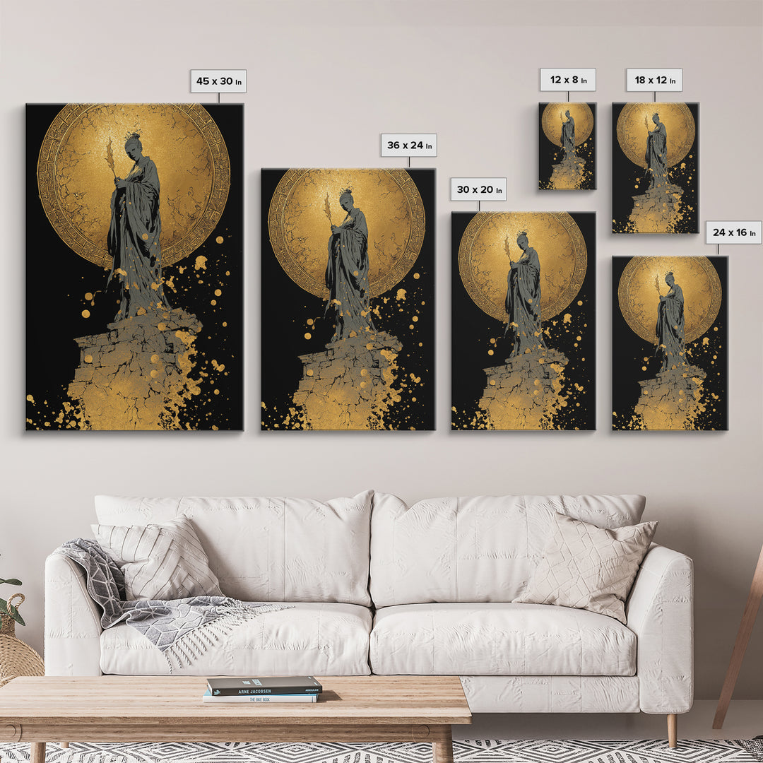 Goddess Statue Canvas Gold Canvas Print, Ancient Mythology Wall Art, Elegant Female Figure Artwork, Real Wood Framed Decor