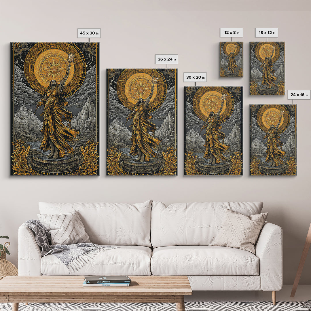 Celestial Goddess Canvas Gold Canvas Print, Mythology Wall Art, Radiant Female Figure Artwork, Real Wood Framed Luxurious Decor