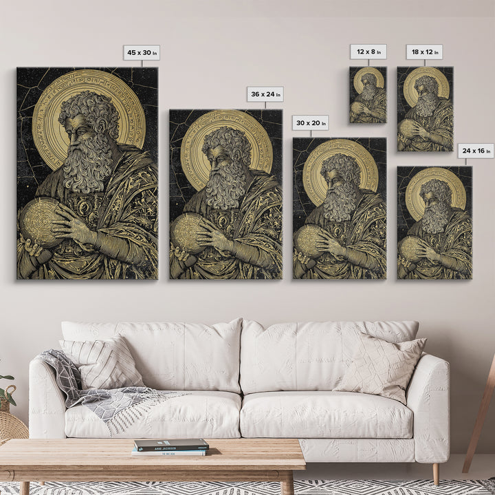 Ancient Philosopher Portrait Canvas Gold Canvas Print, Scholar With Cosmic Halo Canvas Gold Art, Real Wood Frame Historical Wall Art