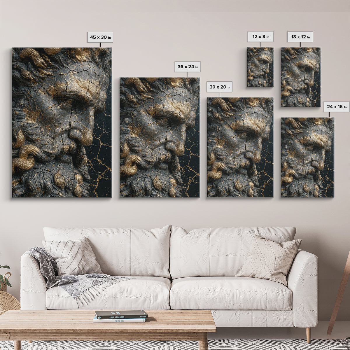 Mythological Sea God Bust Canvas Gold Canvas Print, Ancient Ocean Deity Canvas Gold Art, Real Wood Frame Classical Myth Sculpture