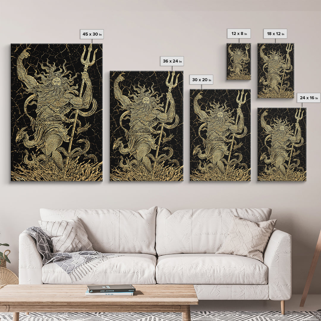 Poseidon Sea God With Serpent Canvas Gold Canvas Print, Ocean Deity With Trident Canvas Gold Art, Real Wood Frame Mythological Decor