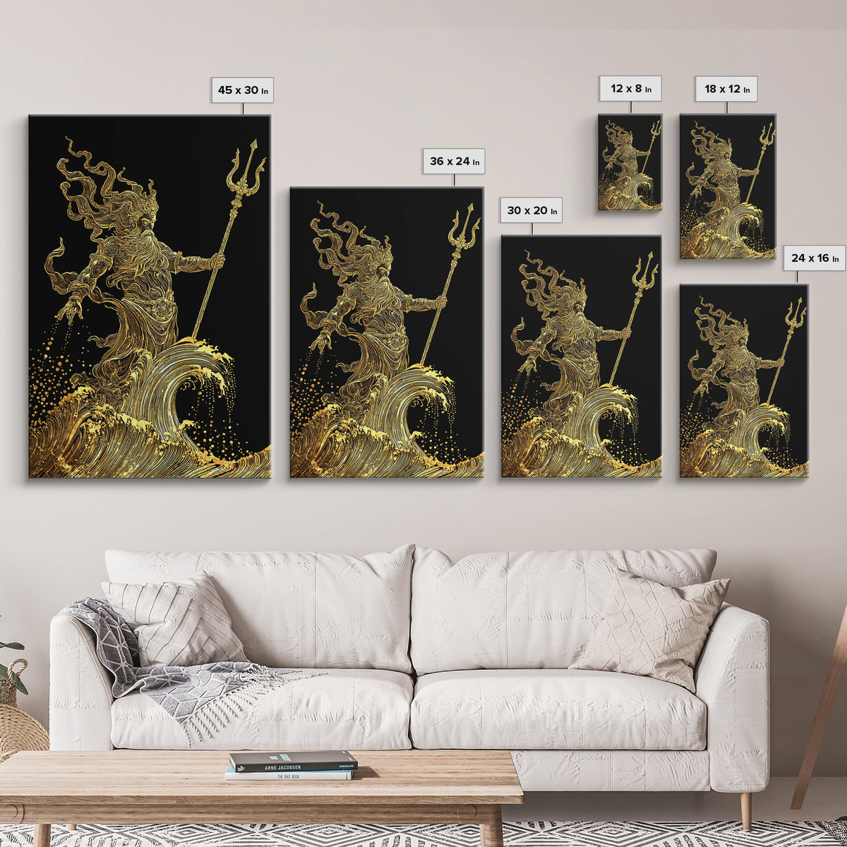 Poseidon Sea God Statue Canvas Gold Canvas Print, Ocean Deity With Waves Canvas Gold Art, Real Wood Frame Classical Mythology Decor