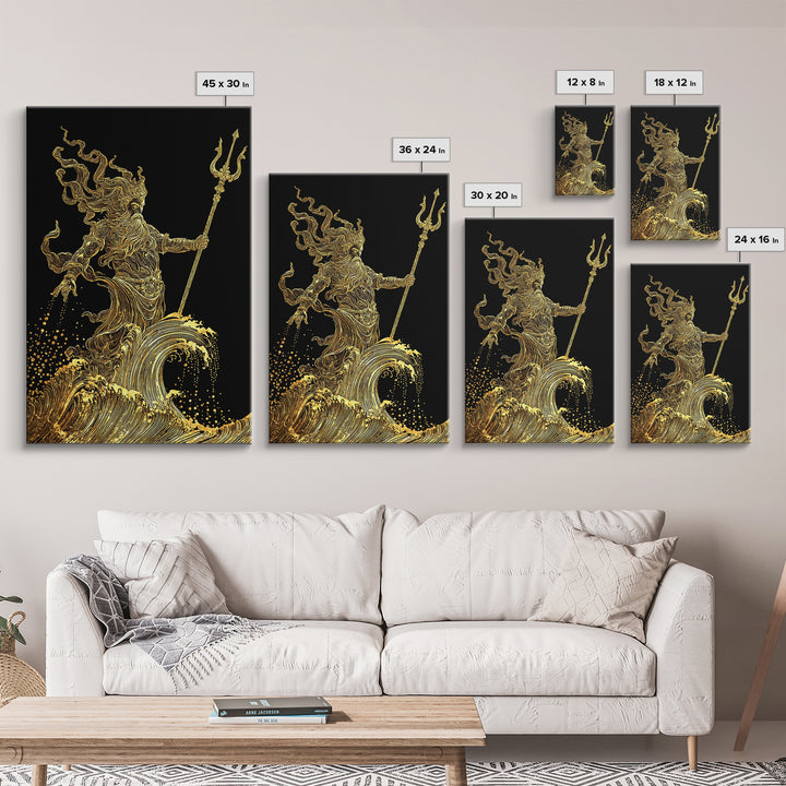 Poseidon Sea God Statue Canvas Gold Canvas Print, Ocean Deity With Waves Canvas Gold Art, Real Wood Frame Classical Mythology Decor
