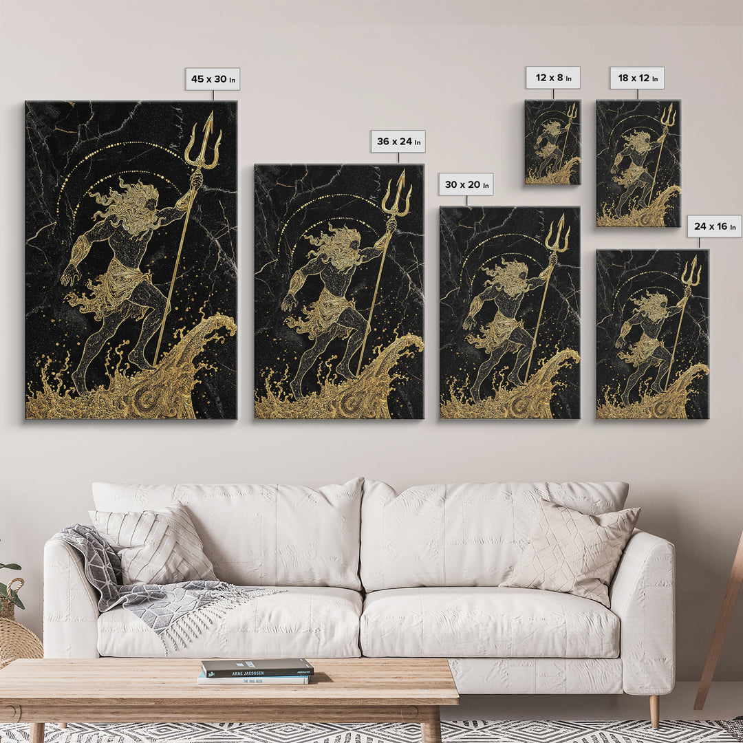 Poseidon Ruler Of The Seas Canvas Gold Canvas Print, Ancient Trident God Canvas Gold Art, Real Wood Frame Mythological Wall Decor