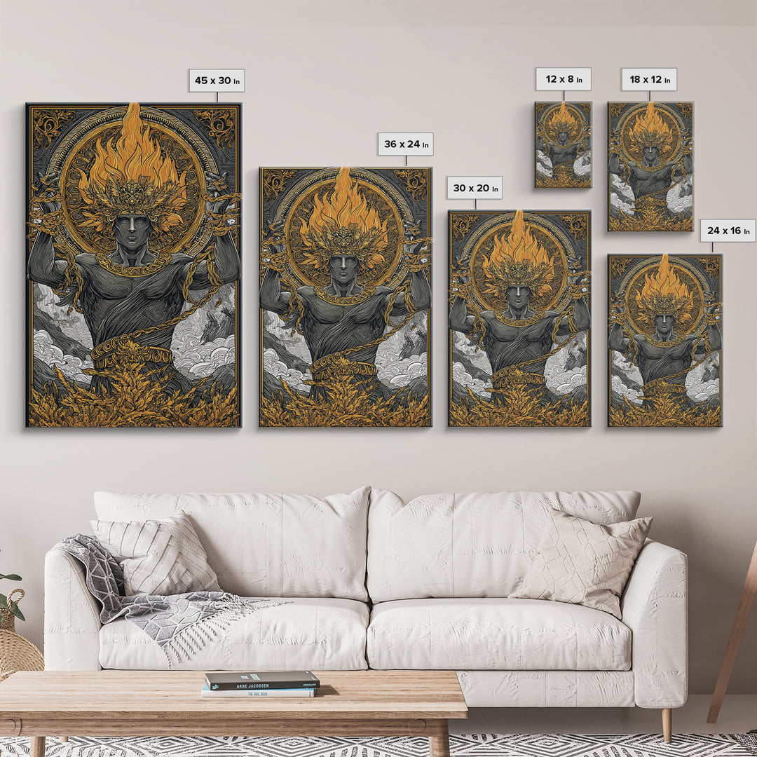 Prometheus Canvas Gold Canvas Print, Mythology Wall Art, Real Wood Frame, Luxury Canvas Artwork, Ancient Greek Decor