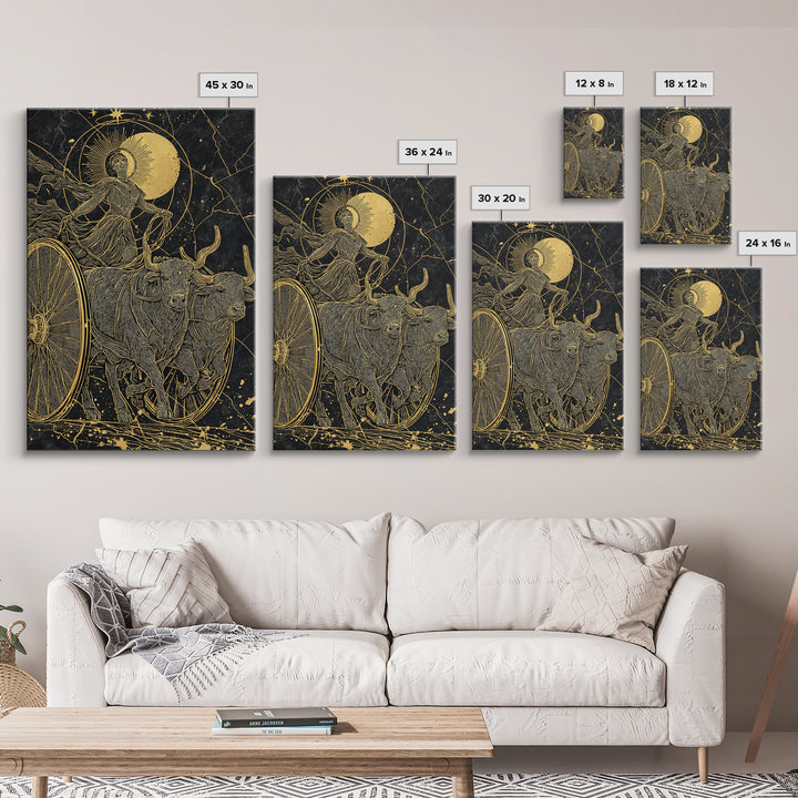 Selene Chariot Canvas Gold Canvas Print, Moon Goddess Art, Real Wood Frame, Mythology Decor, Celestial Canvas Artwork