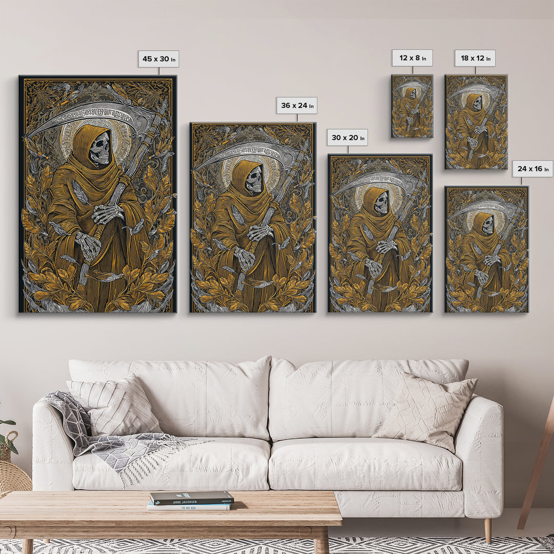 Grim Reaper Canvas Gold Canvas Print, Gothic Mythology Wall Art, Skeleton With Scythe Artwork, Real Wood Frame, Dark Decor