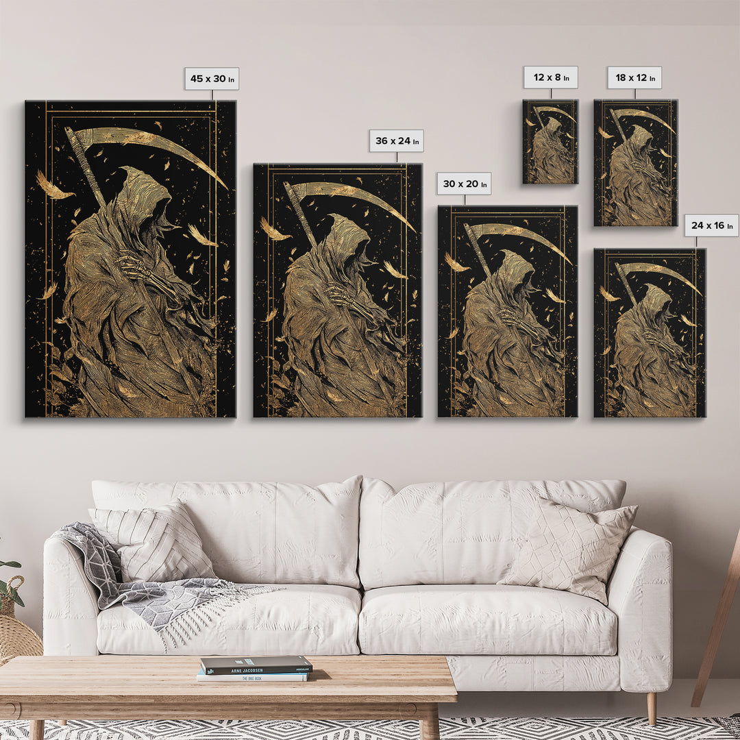 Death Figure Canvas Gold Canvas Print, Gothic Skeleton Wall Art, Grim Reaper Mythology Artwork, Real Wood Frame, Dark Decor