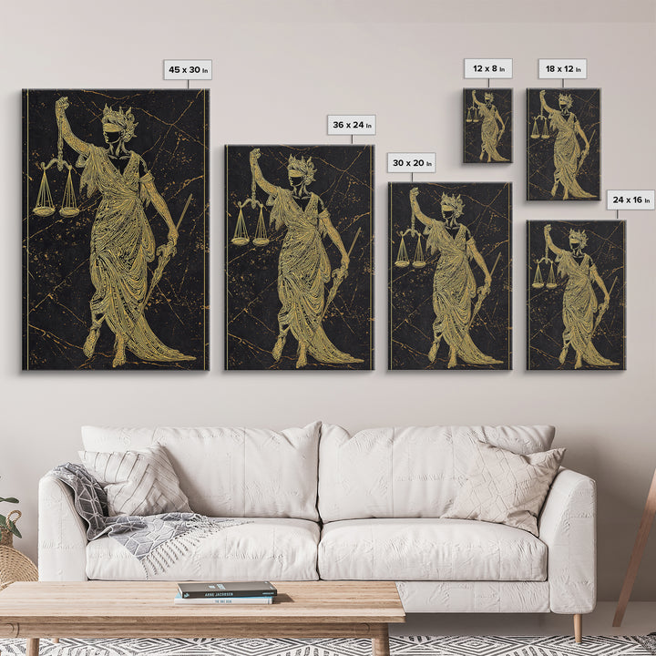 Justice Goddess Canvas Gold Canvas Print, Mythology Law And Order Wall Art, Balance Artwork, Real Wood Frame, Statement Decor