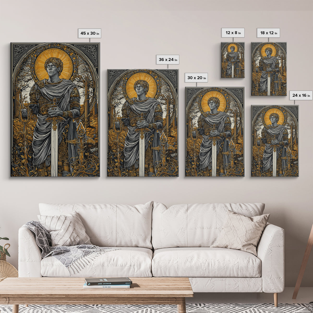 Roman Emperor Canvas Gold Canvas Print, Mythology Warrior Wall Art, Classical Sword Artwork, Real Wood Frame, Ancient Decor