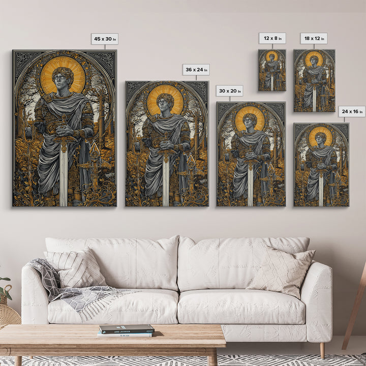 Roman Emperor Canvas Gold Canvas Print, Mythology Warrior Wall Art, Classical Sword Artwork, Real Wood Frame, Ancient Decor